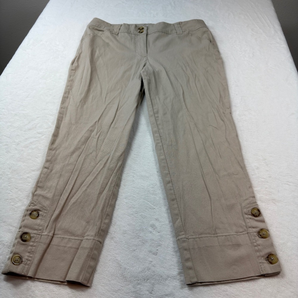 Charter Club Cropped Capri Pants Womens 12 Tan Khaki Excellent Button Hem Cotton